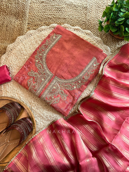 Zafira Pink Silk Dress Material with Zari Embroidery