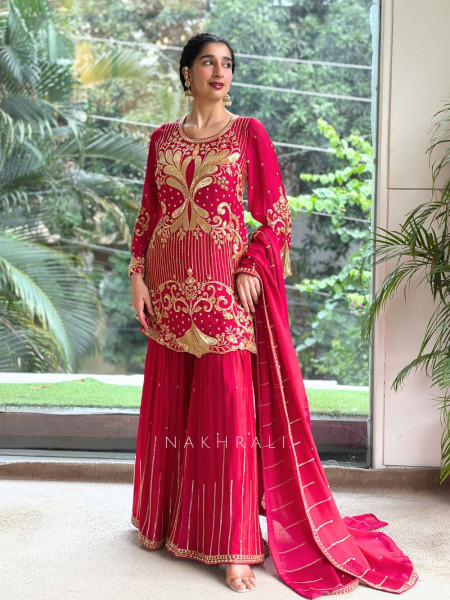 Begum’s Grace Magenta Georgette Sharara Suit Set