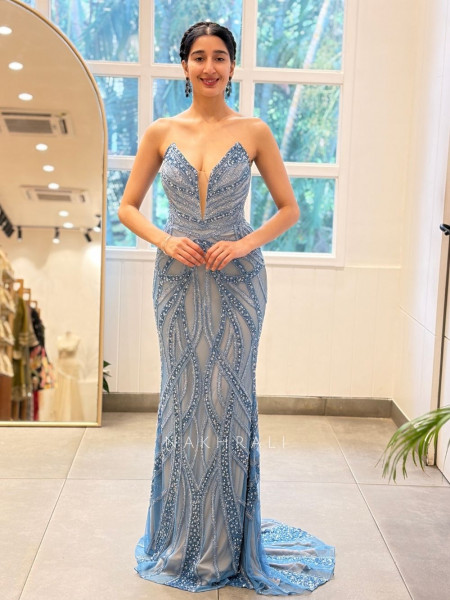 Lysandra Blue Net Mermaid Gown with Crystal Beadwork