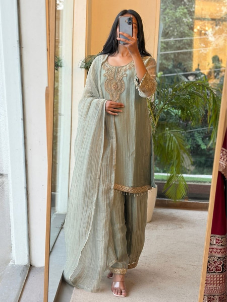 Kashini Sea Green Crinkle Tissue Silk Suit Set