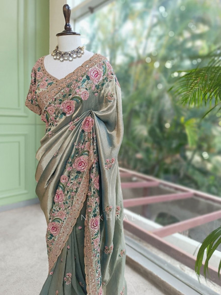 Siya Pista Green Floral Embroidered Saree with Readymade Blouse