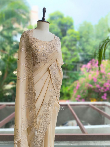 Mira Blossom Cream Saree With Sequin Embroidery