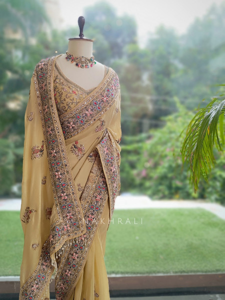 Kanika Golden Georgette Designer Saree with Readymade Blouse