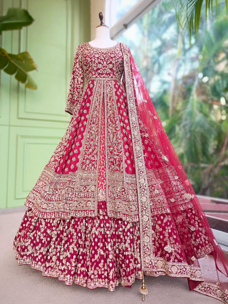 Image of Malhaar Elegance Red Achkan Pattern Lehenga with Zari Sequin Work