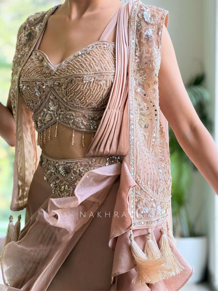 Fiorenne Pink Georgette Indo-Western Lehenga Set with Embellished Crop Jacket