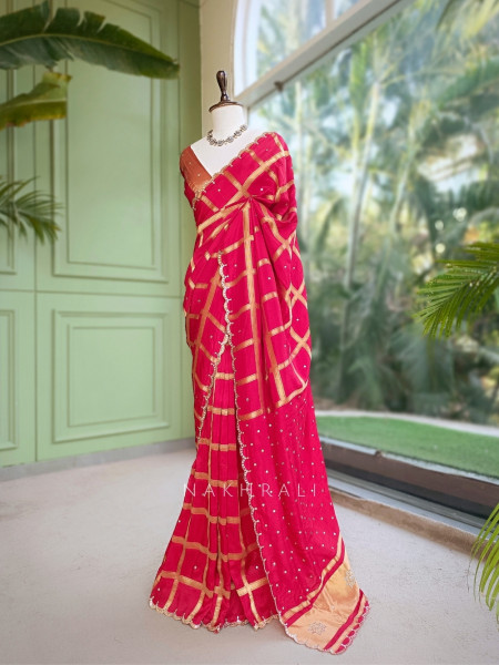 Asmi Red Chinon Silk Zari Check Saree