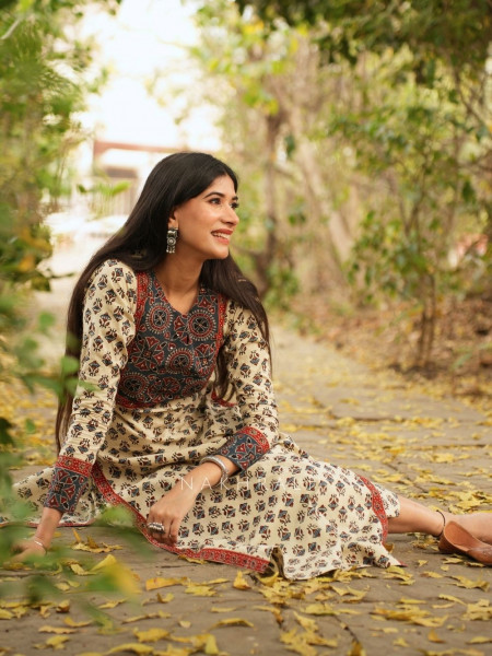 Yasmin Beige Cotton Kurta with Sequin Patch Work