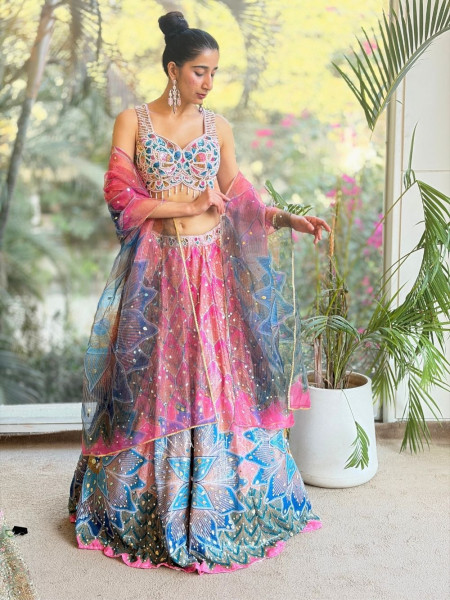 Azmira Blue Pink Floral Lehenga Set with Sequin and Bead Work