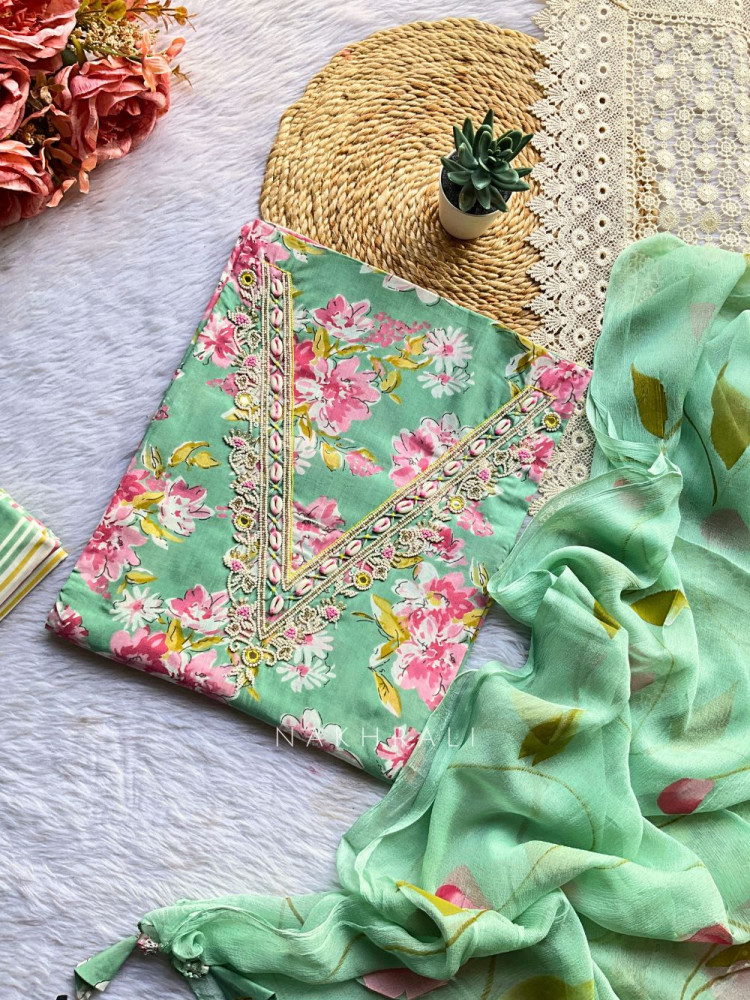 Image of Vasvi Green Cotton Floral Dress Material