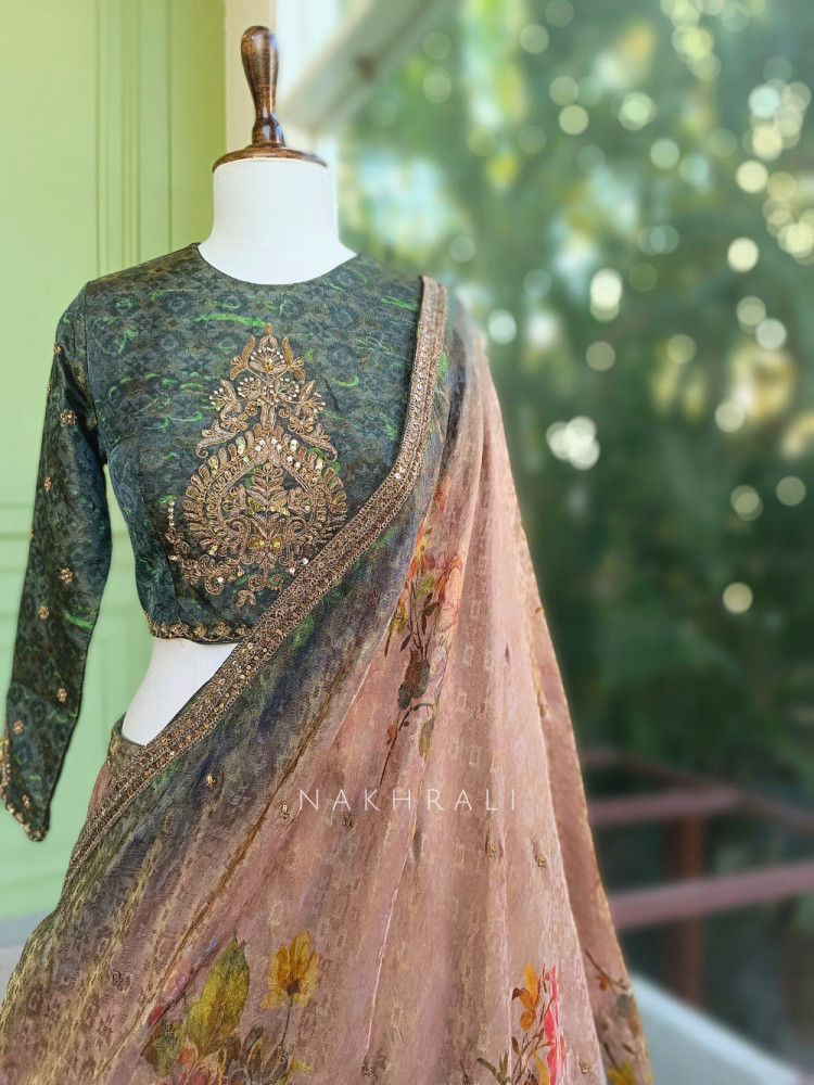 Image of Olive Garden Printed Lehenga with Embroidered Blouse and Sequin Detailing