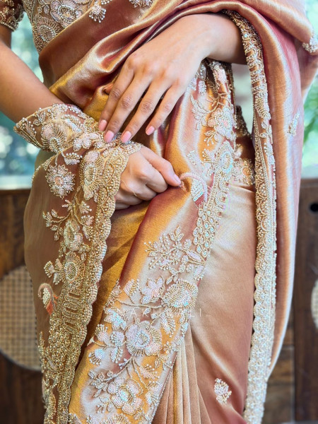 Radiant Caramel Gold Saree with Zardozi Work