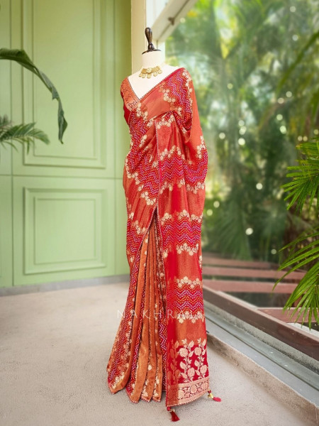 Morvyn Red Saree with Bandhani Print and Zari Weave