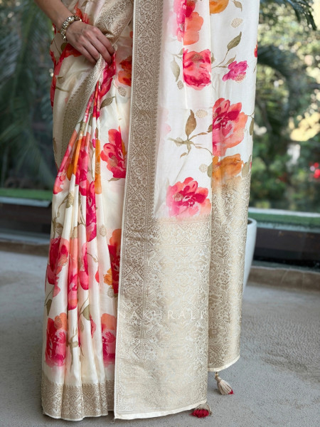 Rose-Vance Cream Georgette & Banarasi Silk Saree