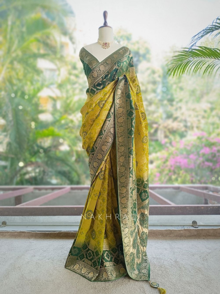 Image of Anokhi Green Zari Weaved Saree with Running Blouse Piece