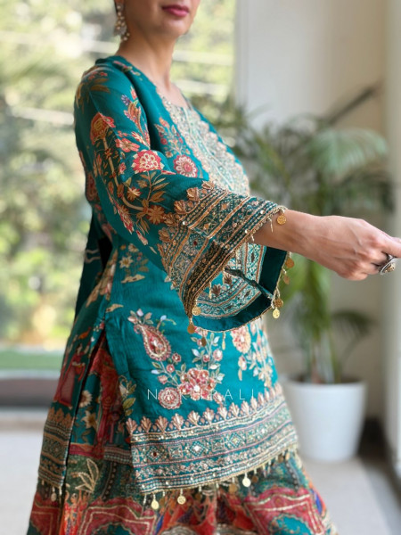 Shahi Gini Teal Green Sharara Suit Set with Pichwai Print
