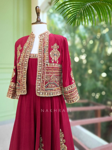 Vrishka Maroon Anarkali Set with Embroidered Jacket