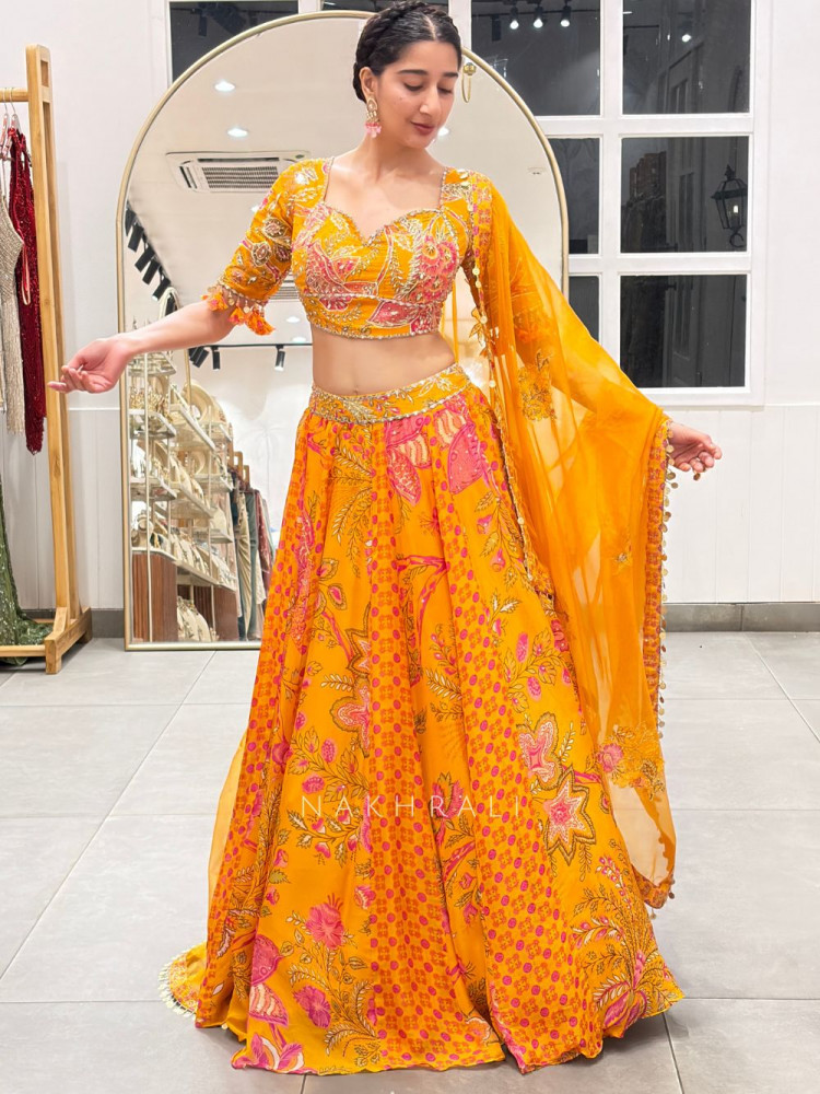 Image of Gulbahar  Mustard Mirror Work Lehenga Set