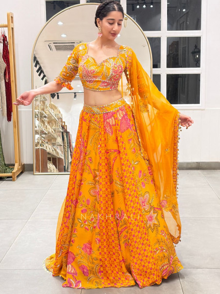 Gulbahar  Mustard Mirror Work Lehenga Set