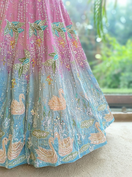 Lotus Loom Blue & Pink Raw Silk Carnival Lehenga
