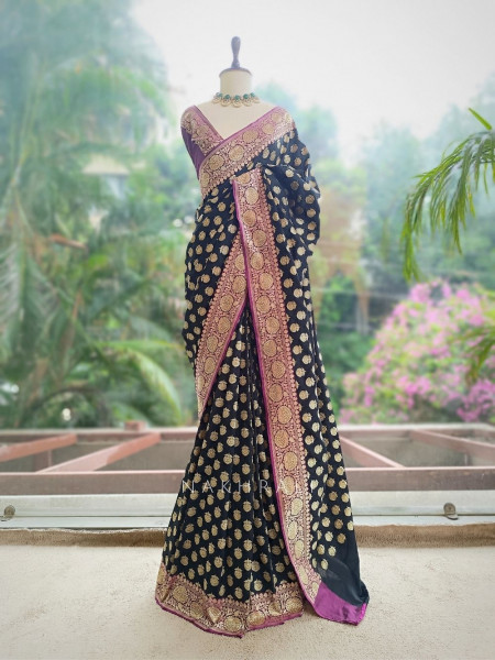 Obsidian Rose Black Banarasi Silk Blend Saree