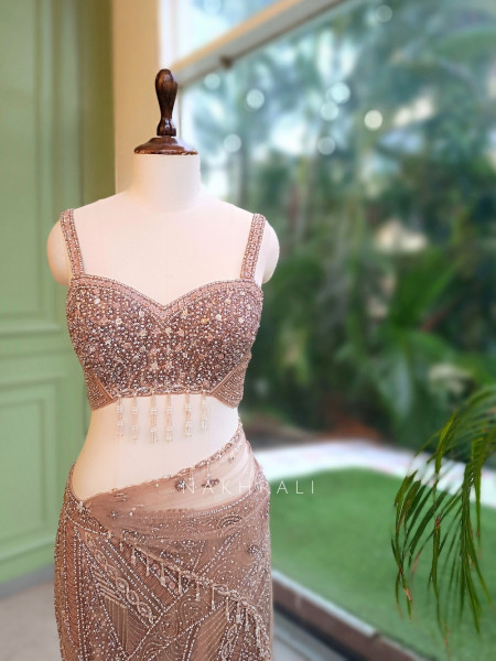Cressida Beige Net Indo-Western Fishtail Lehenga Set