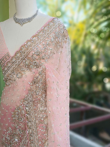 Starlit Pink Net Saree with Cut Dana Bead and Sequin Work