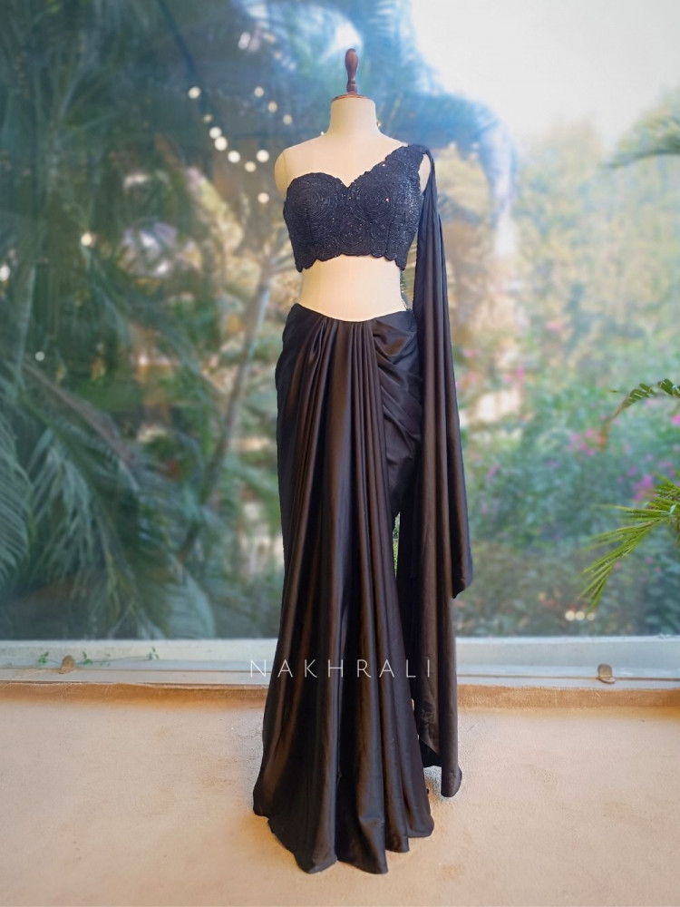 Image of Silent Allure Black Indo-Western Draped Saree Set