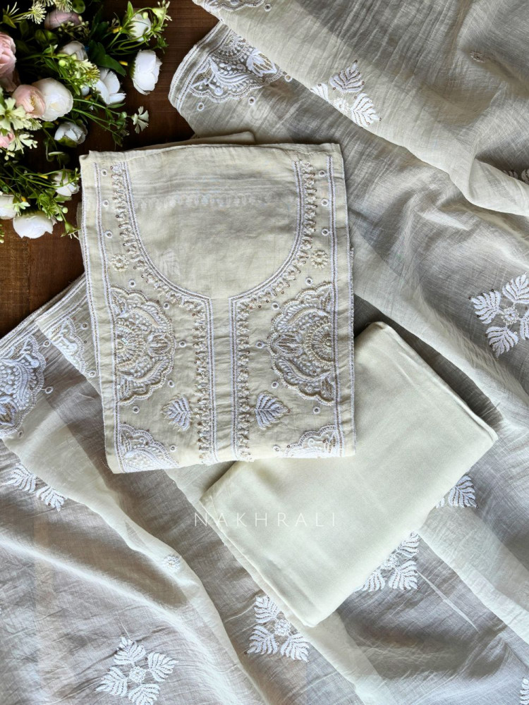 Image of Mridula Cream Dress Material with Hand Cut Dana Detailing