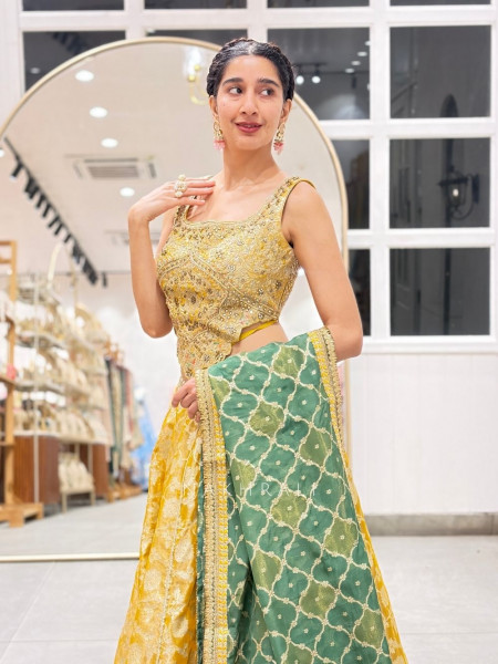 Kaya Yellow Banarasi Silk Indo-Western Lehenga Set