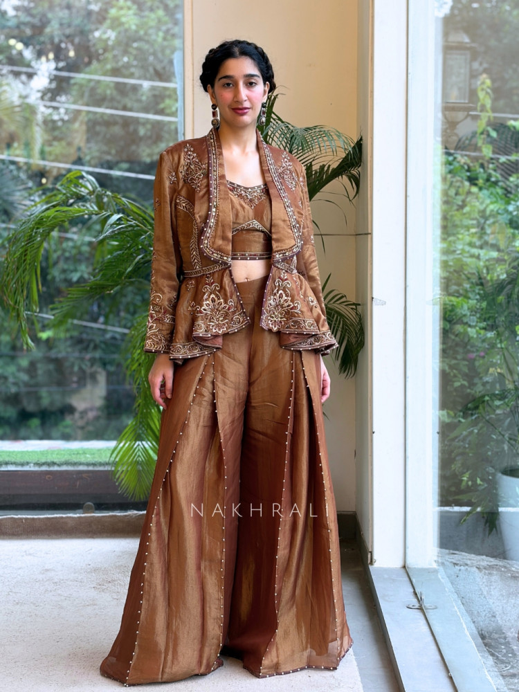 Image of Enchanted Brown Metallic Tissue Silk Indo-Western Palazzo Set