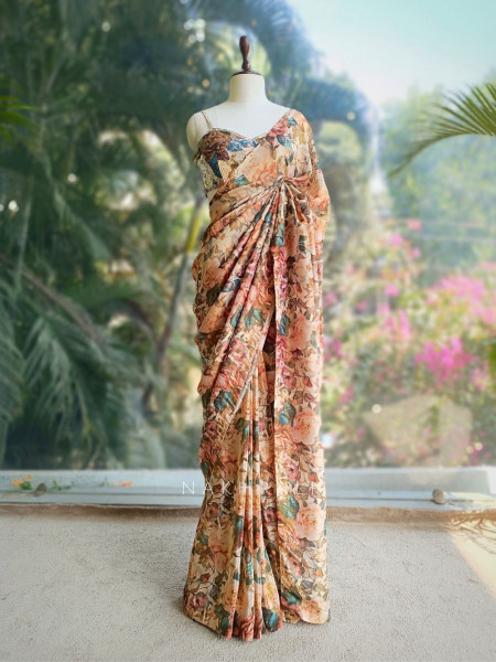 Botanic Luxe Brown Saree with Readymade Blouse