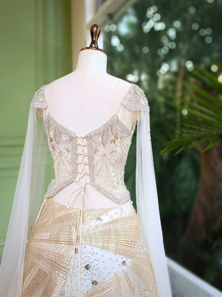 Arshiya Cream Indo-Western Lehenga with Beads and Cut Dana Work