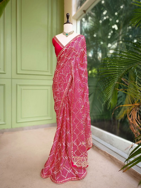 Aarvika Red Bandhani Saree with Gota and Zari Border