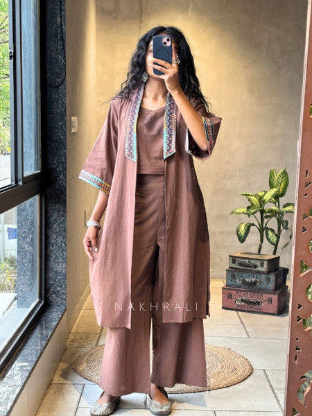 Brivon Brown Co-ord Set with Embroidered Jacket Detailing