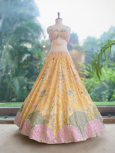 Ishvika Yellow Slub Silk & Tulle Carnival Lehenga Set