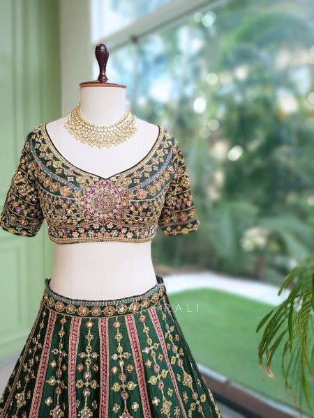 Mrinalika Green Gaji Silk Lehenga Set With Zardozi Resham & Jharokha Work