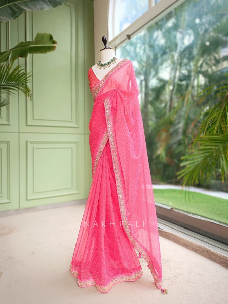Gulika Rani Pink Viscose Organza Bandhani Saree