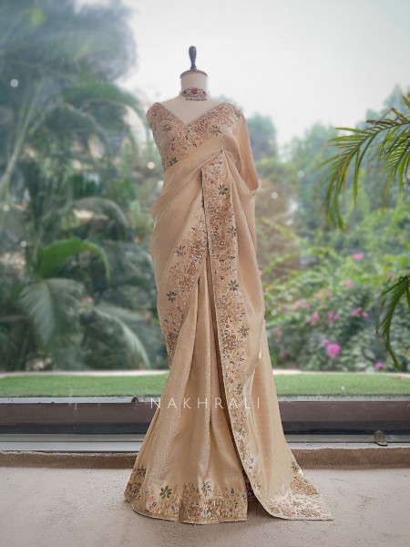 Varnikaa Cream Tissue Saree with Multicolor Resham & Zardozi Embroidery