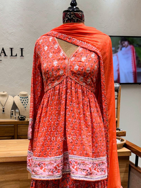 Ishya Orange Floral Gharara Set with Gota Work