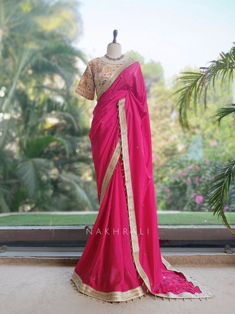 Image of Rati Magenta Saree with Gota Patti Border &amp; Multicolor Embroidered Readymade Blouse