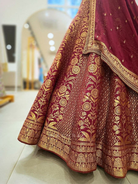 Veerangana Maroon Silk Bridal Lehenga with Zari Weave