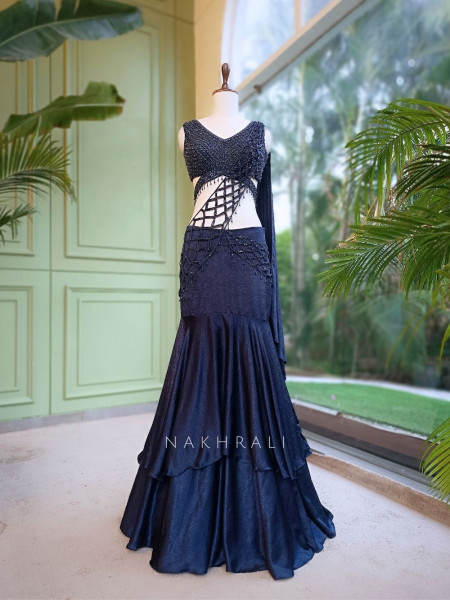 Shadow Fish-Cut Dark Navy Blue  Shimmer Metallic Georgette Silk Indo-Western Lehenga