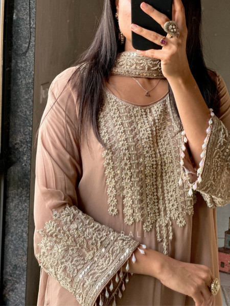 Aarunya Brown Georgette Palazzo Kurta Set with Zari Sequin Work