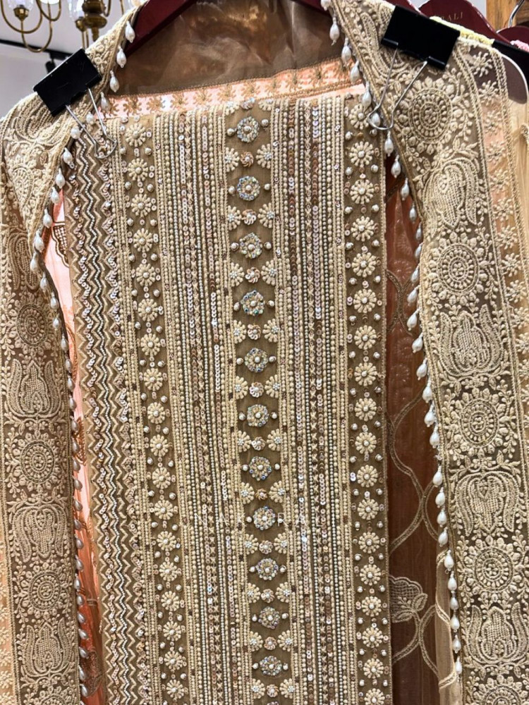 Image of Avarna Beige Dress Material with Pearl &amp; Bead Work
