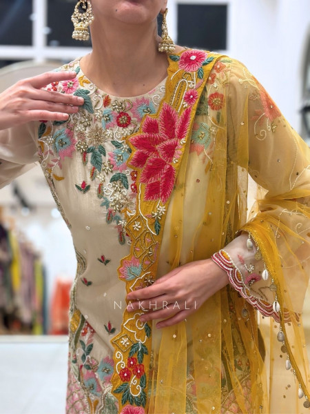 Fiesta Flora Cream Suit Set With Multicolor Floral Embroidery