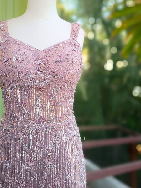 Roselle Pink Net Mermaid Gown with Sequin Work