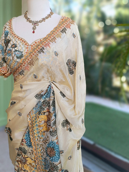 Shikargarh Cream Satin Crepe Designer Saree with Readymade Blouse