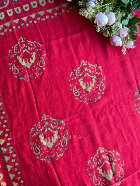Rivana Red Printed Dress Material with Handcrafted Motif Work