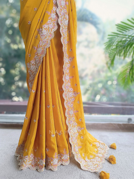 Zynira Mustard Saree with Zari Sequin Work