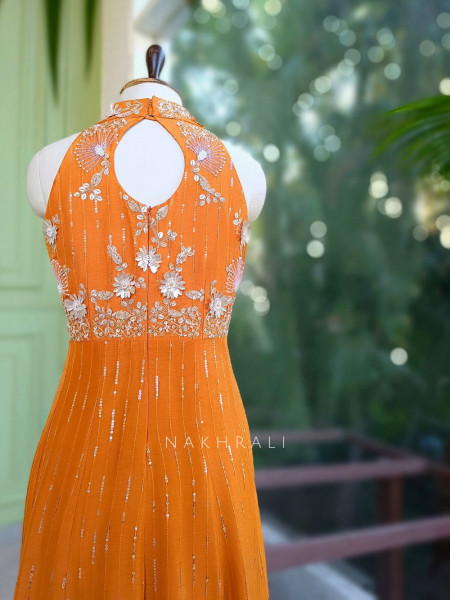 Torvyn Orange Embellished Jumpsuit with Sequin Bead Work